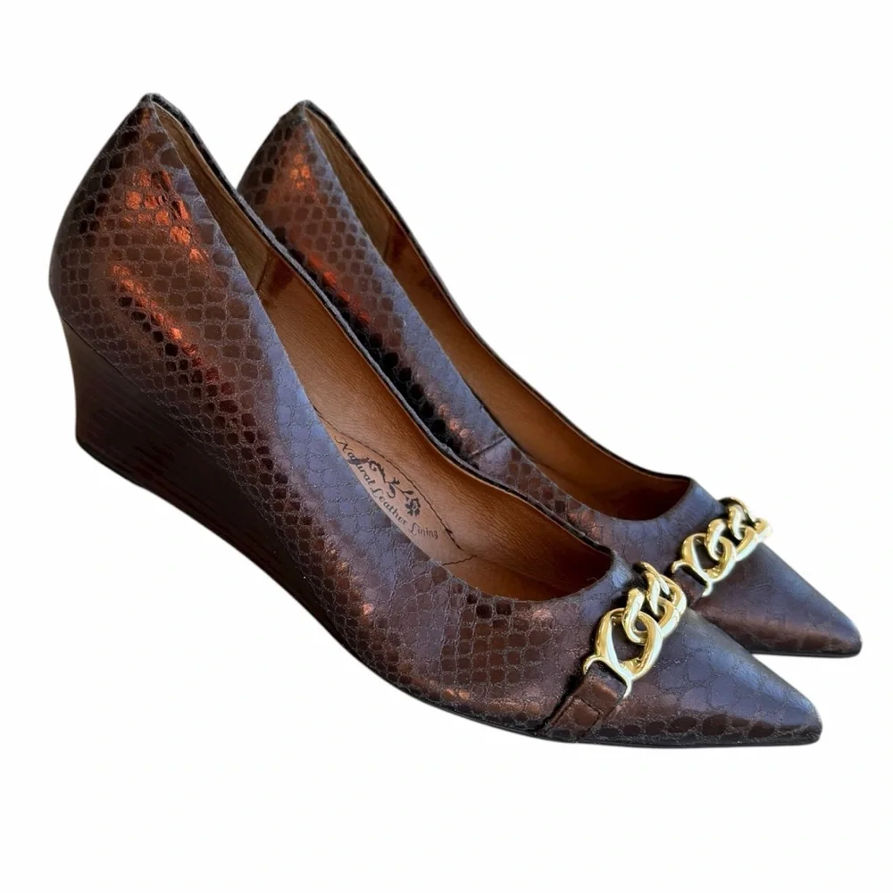 Soft Abbot Brown Leather Wedge with Snakeskin Print & Gold Chain Detail Size 11M